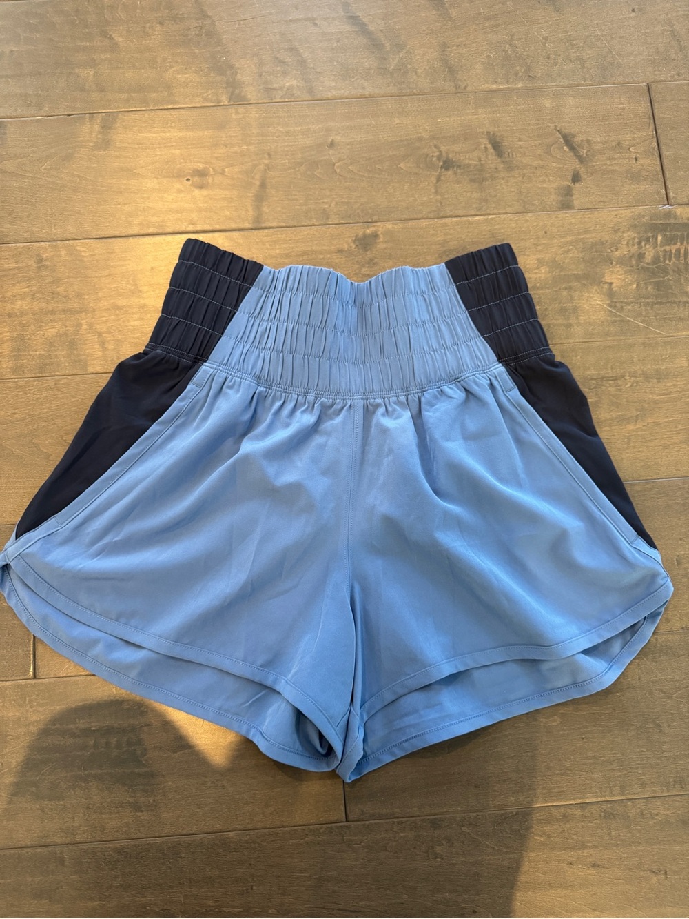 YPB motionTEK Women's High-Waist Athletic Shorts in Light Blue and Navy